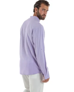 Camicia Lino Slim Fit Collo Coreano Lilla C3054A