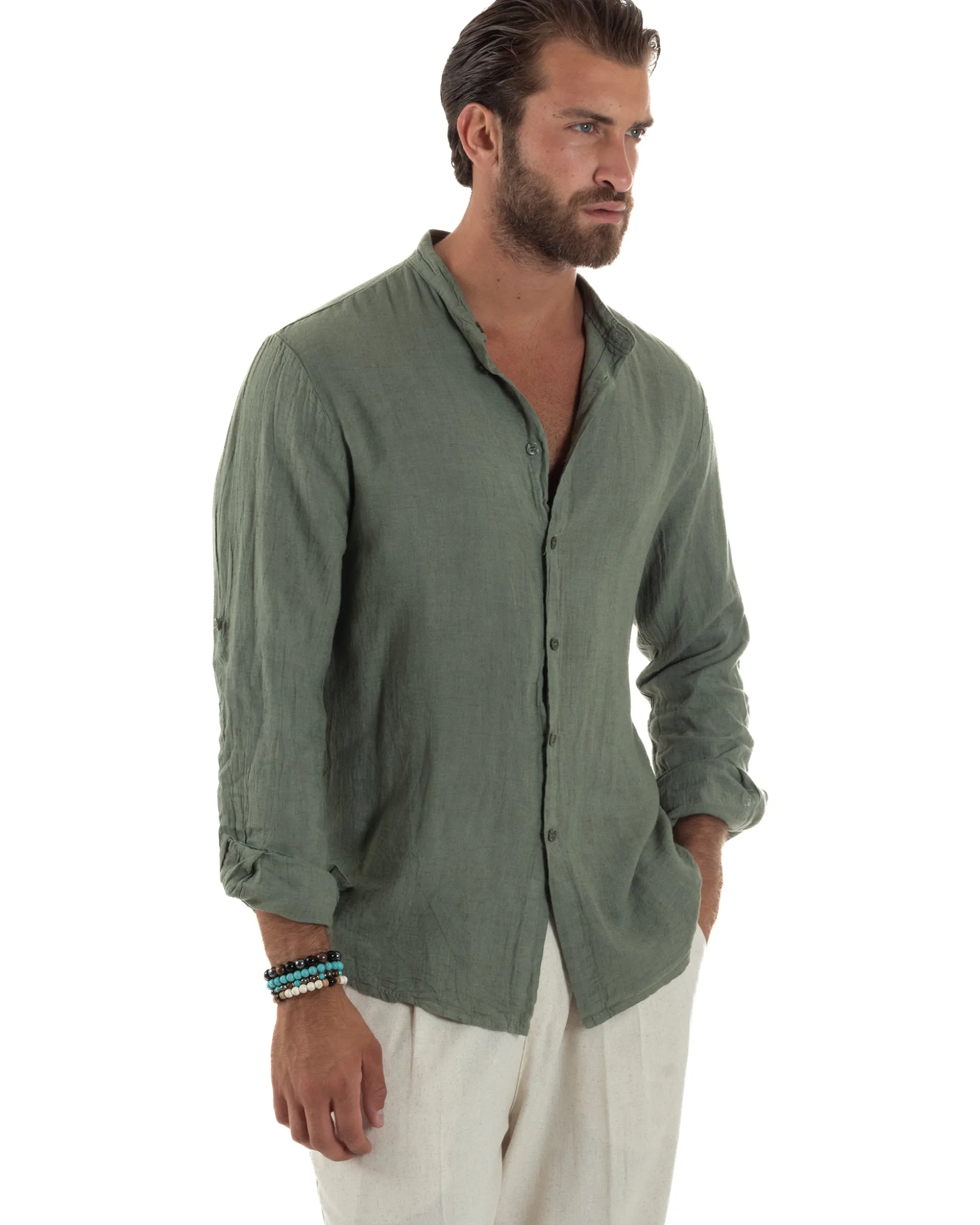 Camicia Lino Slim Fit Collo Coreano Verde Militare C3055A