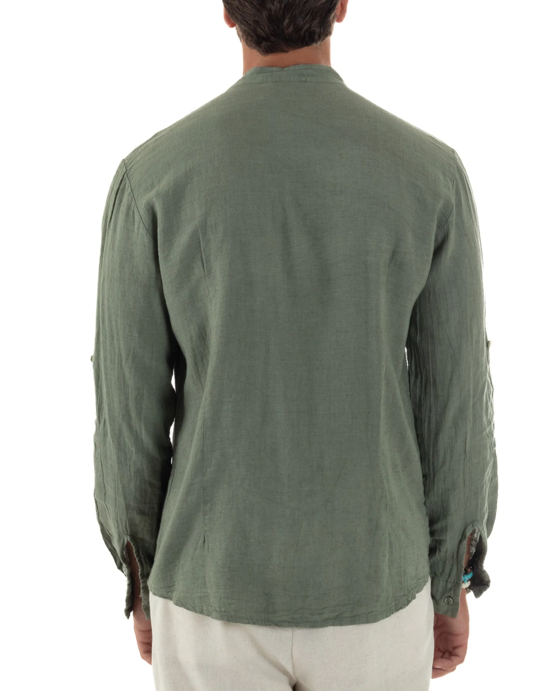 Camicia Lino Slim Fit Collo Coreano Verde Militare C3055A