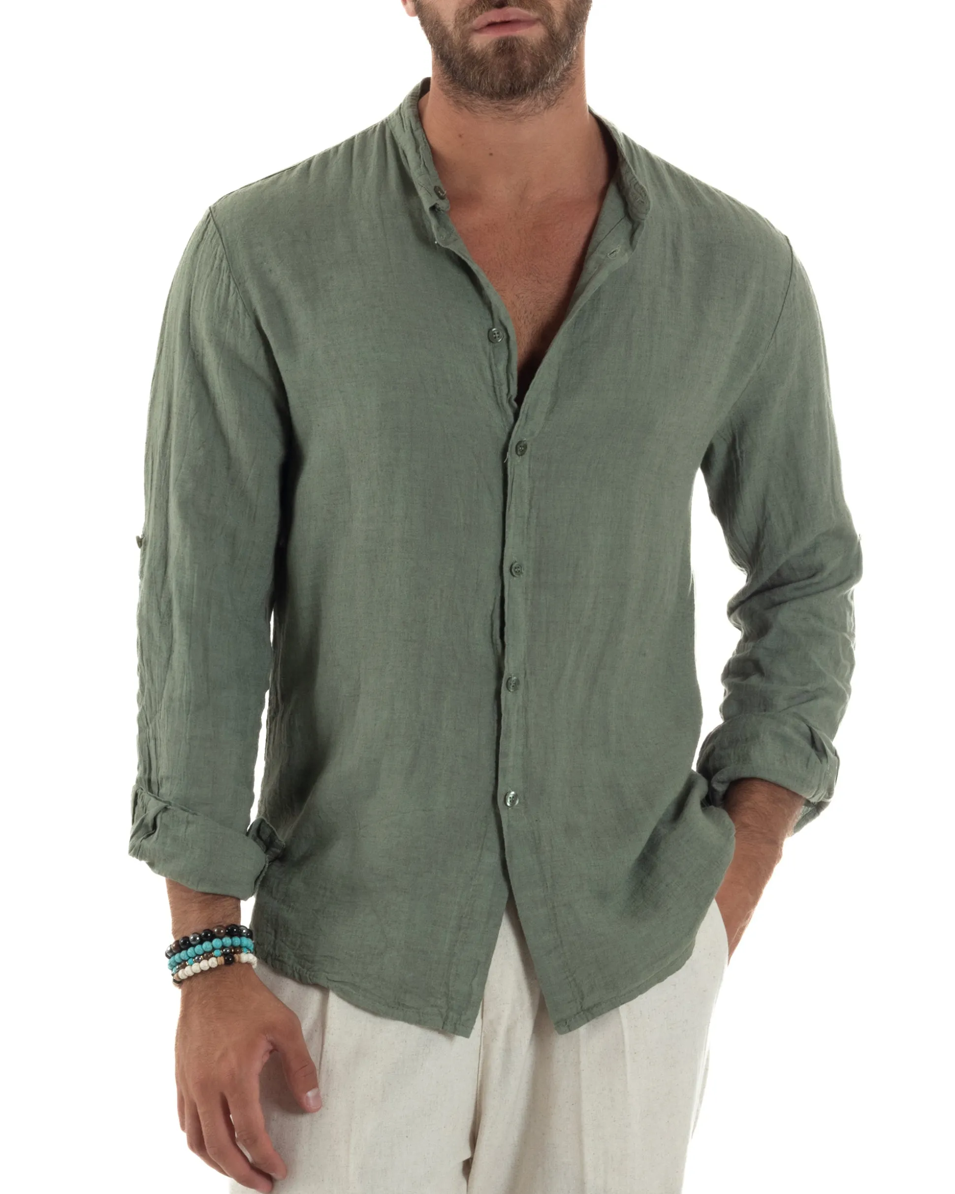Camicia Lino Slim Fit Collo Coreano Verde Militare C3055A