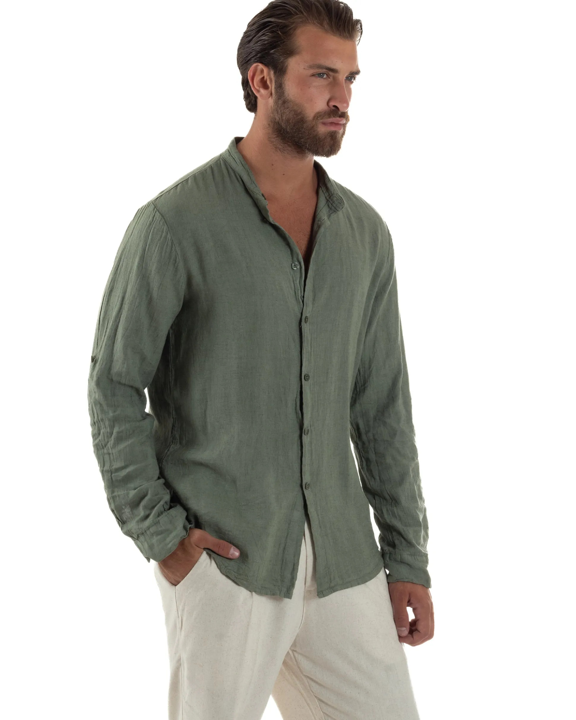 Camicia Lino Slim Fit Collo Coreano Verde Militare C3055A
