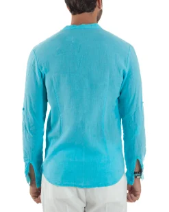 Camicia Lino Slim Fit Collo Coreano Turchese C3053A