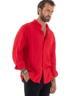 Camicia Lino Slim Fit Collo Coreano Rosso C3042A