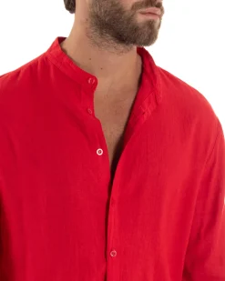 Camicia Lino Slim Fit Collo Coreano Rosso C3042A
