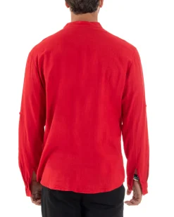 Camicia Lino Slim Fit Collo Coreano Rosso C3042A