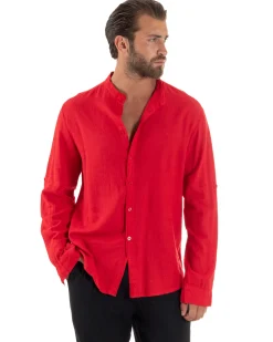 Camicia Lino Slim Fit Collo Coreano Rosso C3042A