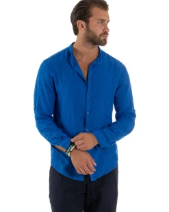 Camicia Lino Slim Fit Collo Coreano Blu Royal C3047A