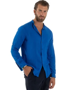 Camicia Lino Slim Fit Collo Coreano Blu Royal C3047A