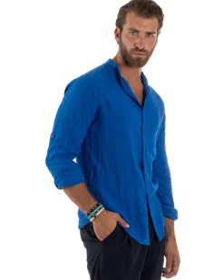 Camicia Lino Slim Fit Collo Coreano Blu Royal C3047A