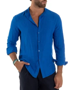 Camicia Lino Slim Fit Collo Coreano Blu Royal C3047A