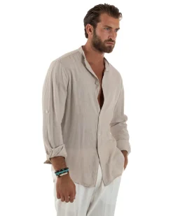 Camicia Lino Slim Fit Collo Coreano Beige C3050A