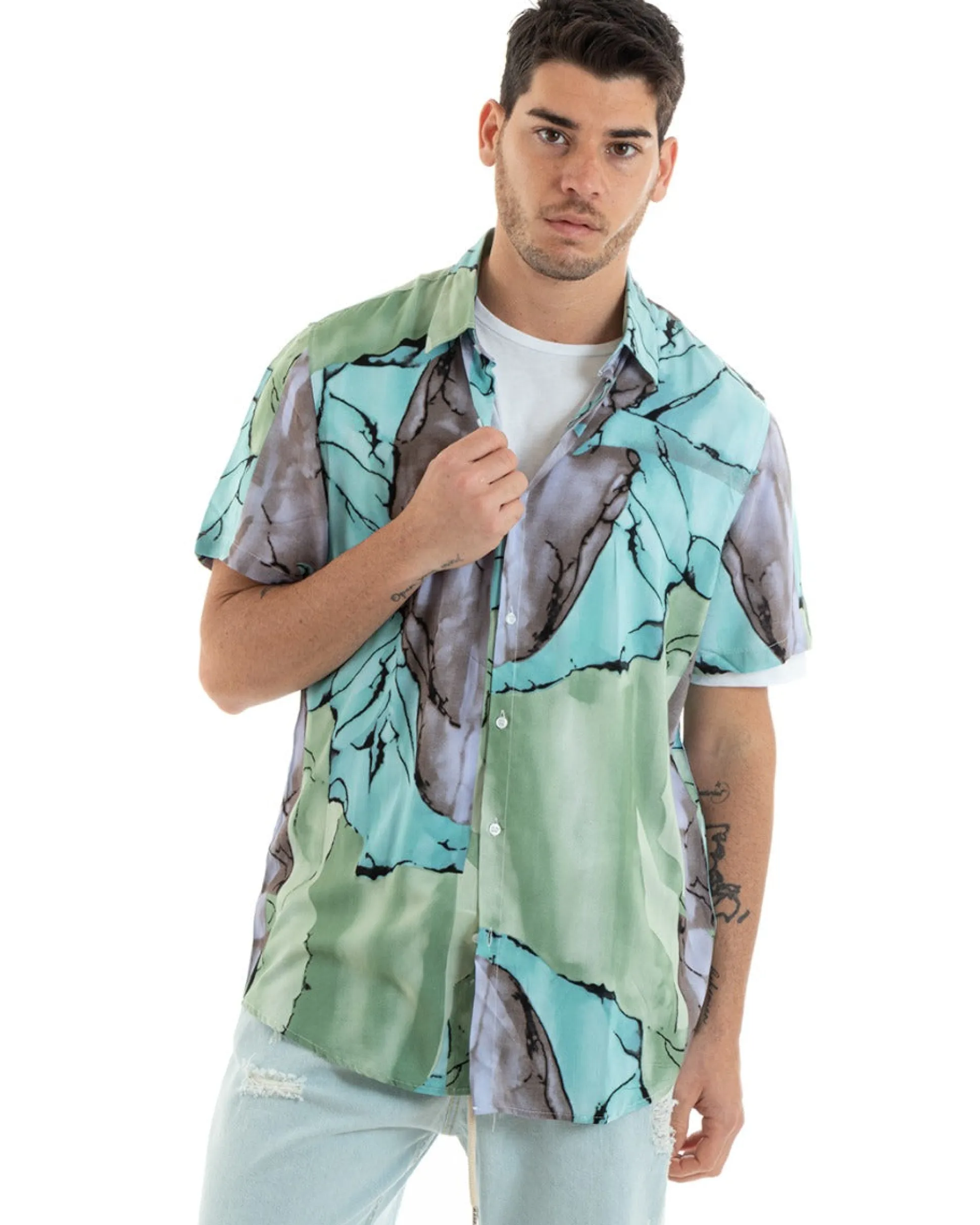 Camicia Maniche Corte Uomo Colletto Fantasia Tie Dye Multicolore GIOSAL-CC1184A