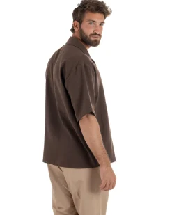 Camicia maniche corte uomo colletto bowling taschino relaxed fit marrone GIOSAL-CC1232A