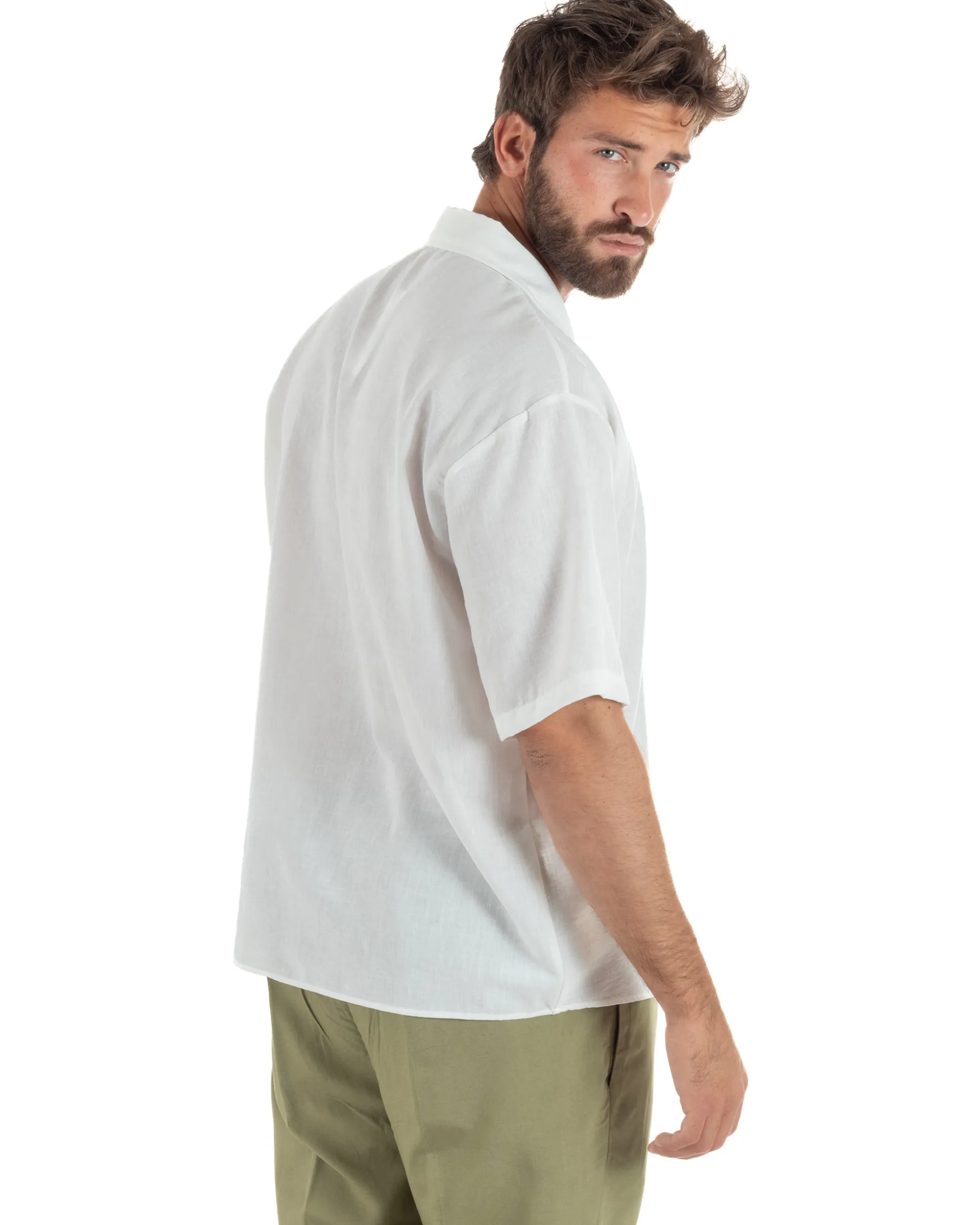 Camicia maniche corte uomo colletto bowling taschino relaxed fit bianco GIOSAL-CC1233A