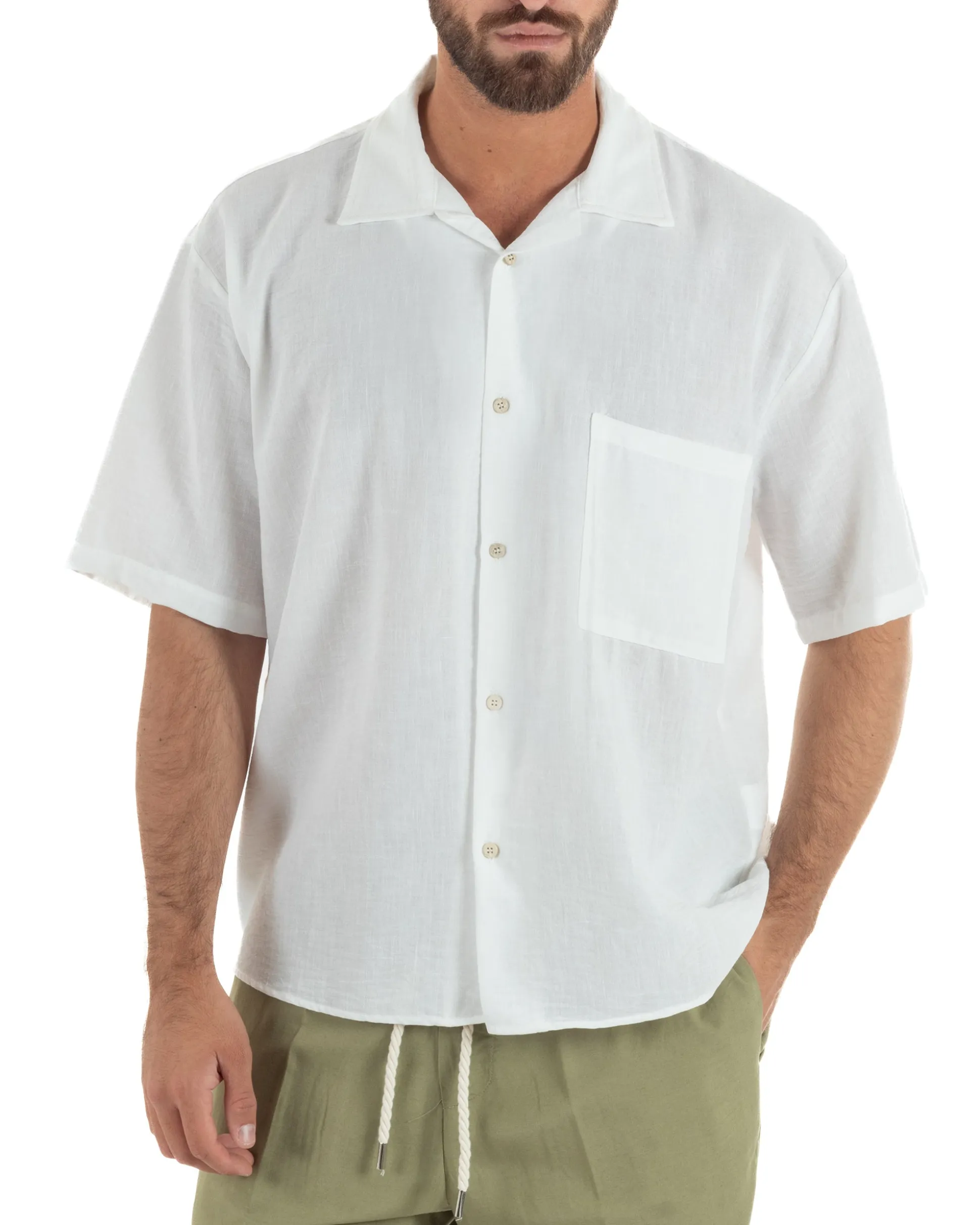 Camicia maniche corte uomo colletto bowling taschino relaxed fit bianco GIOSAL-CC1233A