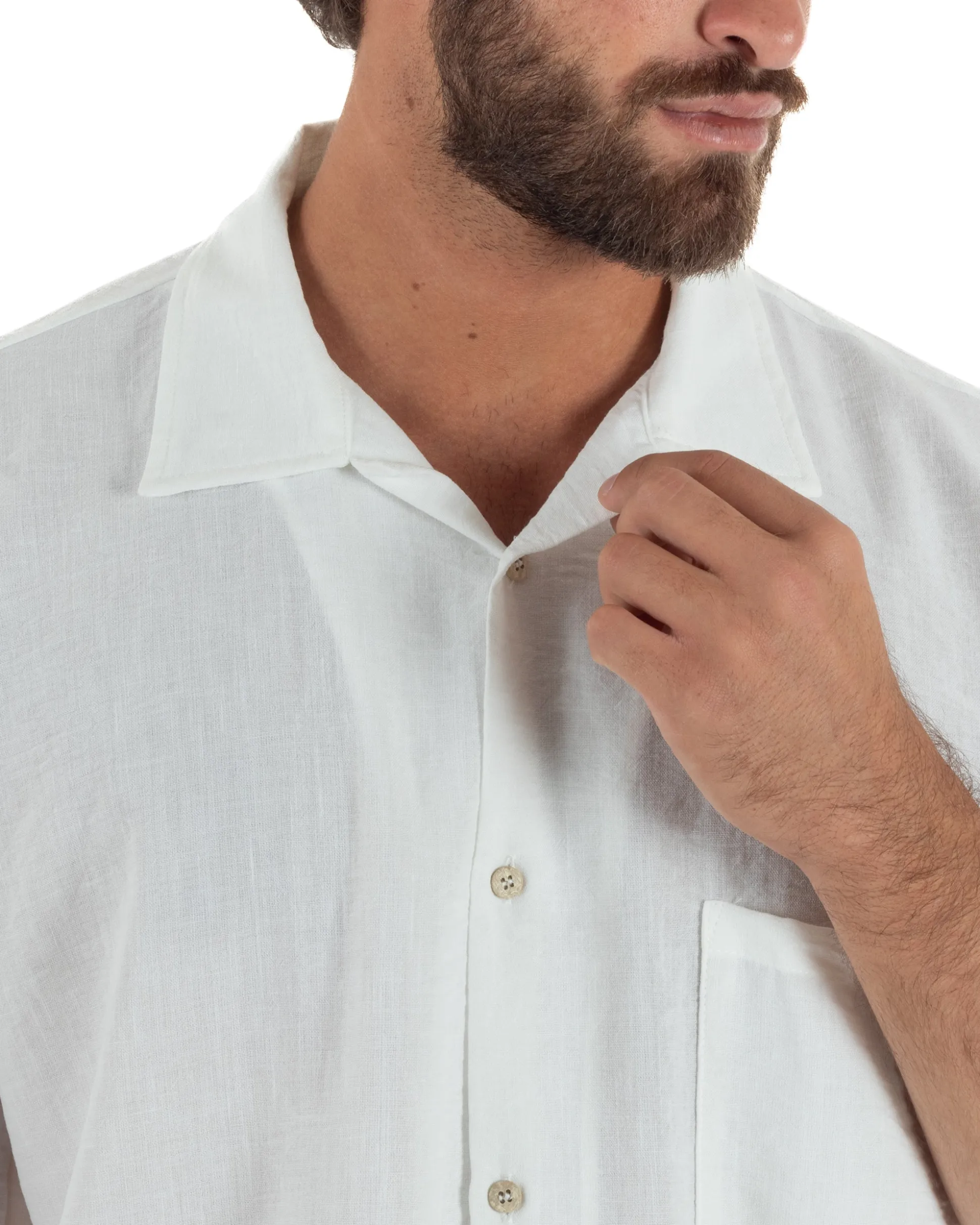 Camicia maniche corte uomo colletto bowling taschino relaxed fit bianco GIOSAL-CC1233A
