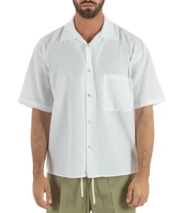 Camicia maniche corte uomo colletto bowling taschino relaxed fit bianco GIOSAL-CC1233A