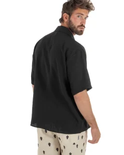 Camicia maniche corte uomo colletto bowling taschino relaxed fit nero GIOSAL-CC1231A