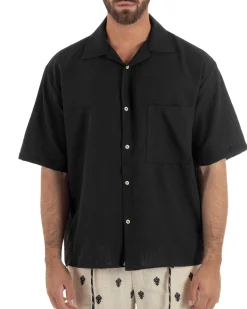 Camicia maniche corte uomo colletto bowling taschino relaxed fit nero GIOSAL-CC1231A