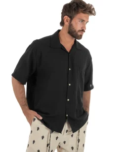 Camicia maniche corte uomo colletto bowling taschino relaxed fit nero GIOSAL-CC1231A