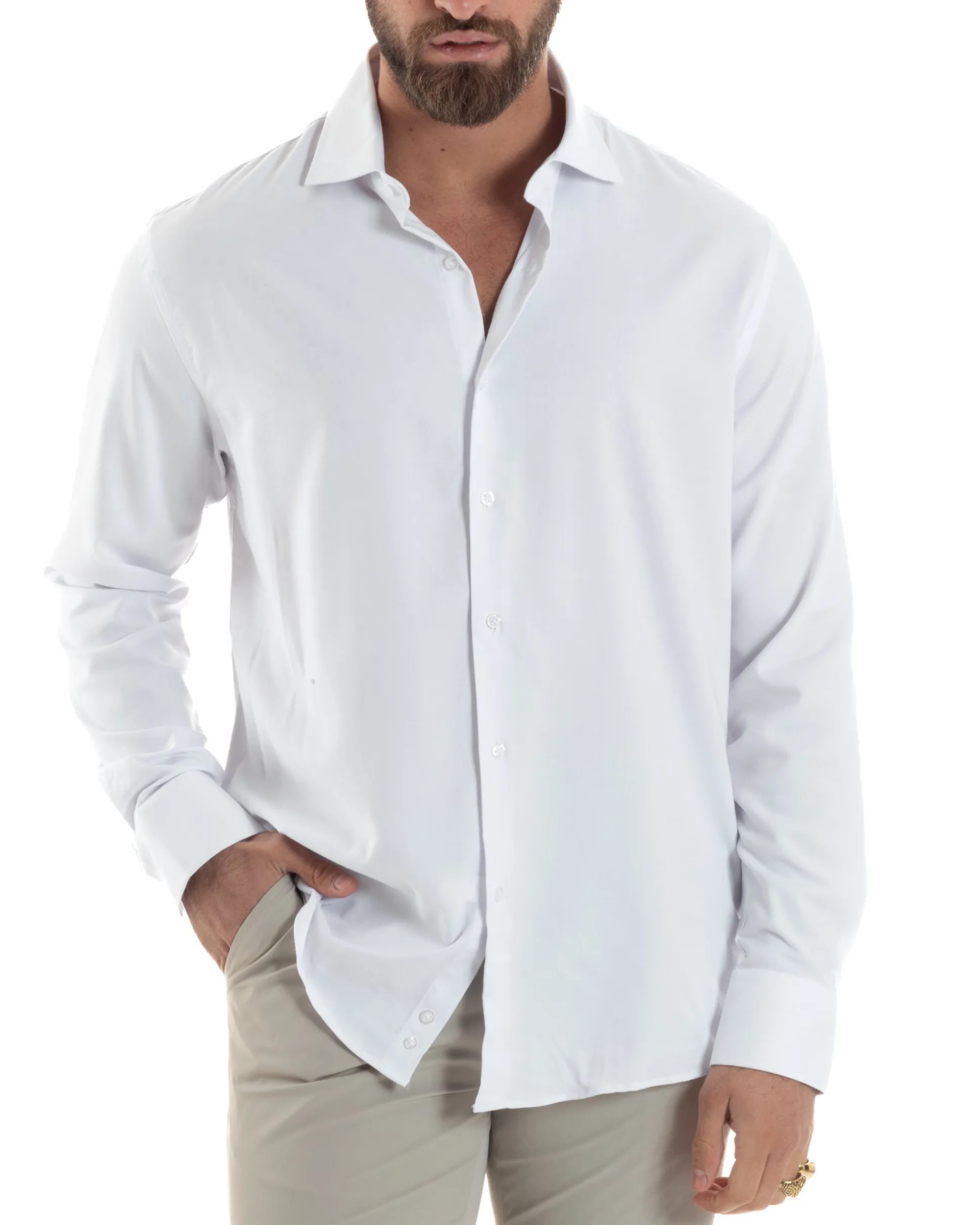 Camicia Uomo Antimacchia Collo Francese Regular Fit Quick Clean Cotone Bamboo Bianco C2928A