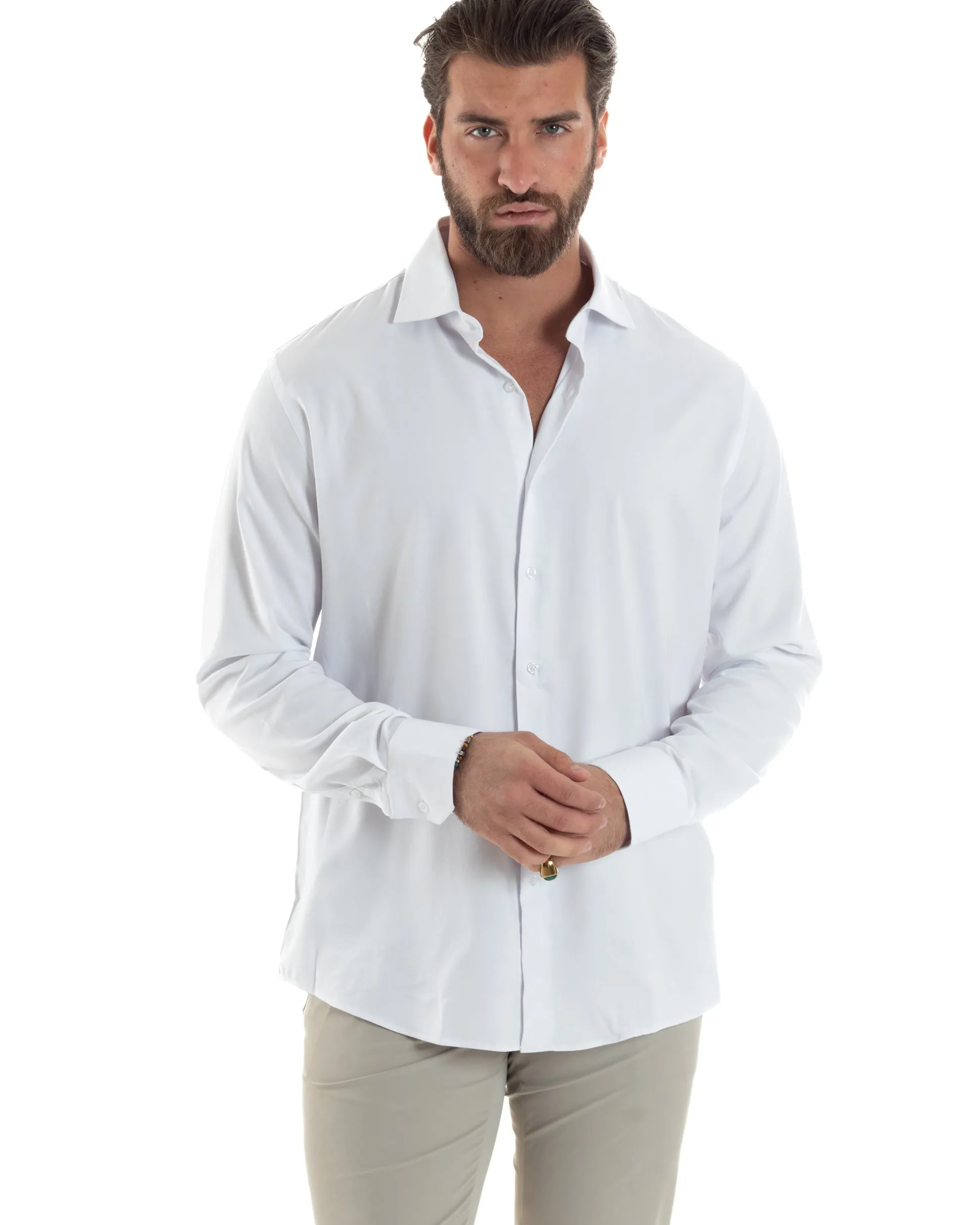 Camicia Uomo Antimacchia Collo Francese Regular Fit Quick Clean Cotone Bamboo Bianco C2928A