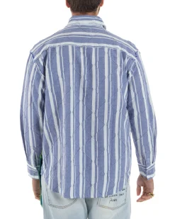 Camicia uomo boxy-fit colletto oxford cuciture losanghe rigata blu BERNA M-261233