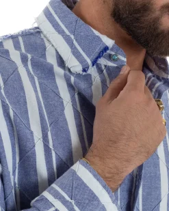 Camicia uomo boxy-fit colletto oxford cuciture losanghe rigata blu BERNA M-261233