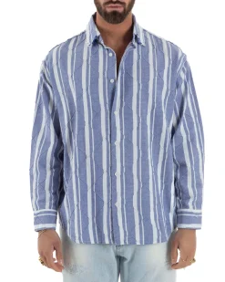 Camicia uomo boxy-fit colletto oxford cuciture losanghe rigata blu BERNA M-261233