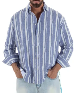 Camicia uomo boxy-fit colletto oxford cuciture losanghe rigata blu BERNA M-261233