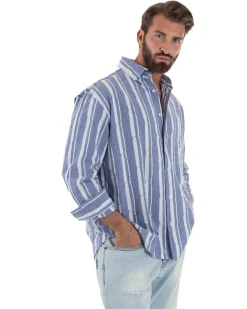 Camicia uomo boxy-fit colletto oxford cuciture losanghe rigata blu BERNA M-261233