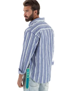 Camicia uomo boxy-fit colletto oxford cuciture losanghe rigata blu BERNA M-261233