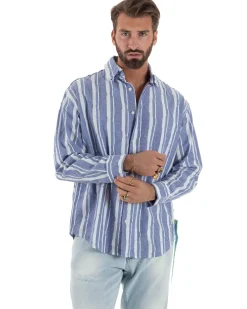 Camicia uomo boxy-fit colletto oxford cuciture losanghe rigata blu BERNA M-261233