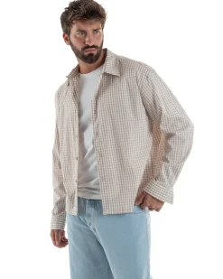 Camicia uomo boxy fit quadri stampa retro beige GIOSAL-C3082A