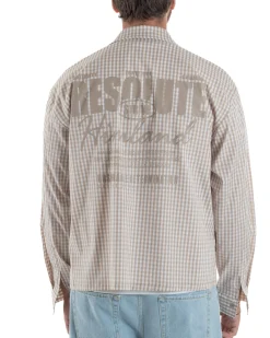 Camicia uomo boxy fit quadri stampa retro beige GIOSAL-C3082A