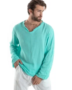 Camicia Uomo Casacca Cotone Lino Scollo V Sfrangiata Regular Fit Verde Acqua GIOSAL-C2849A