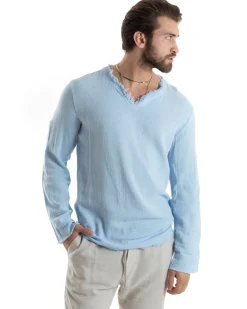 Camicia Uomo Casacca Cotone Lino Scollo V Sfrangiata Regular Fit Celeste GIOSAL-C2852A