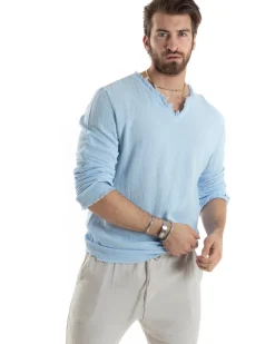 Camicia Uomo Casacca Cotone Lino Scollo V Sfrangiata Regular Fit Celeste GIOSAL-C2852A
