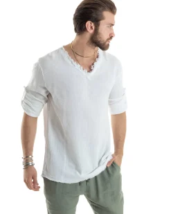 Camicia Uomo Casacca Cotone Lino Scollo V Sfrangiata Regular Fit Bianco GIOSAL-C2846A