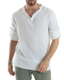 Camicia Uomo Casacca Cotone Lino Scollo V Sfrangiata Regular Fit Bianco GIOSAL-C2846A