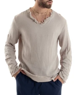 Camicia Uomo Casacca Cotone Lino Scollo V Sfrangiata Regular Fit Beige GIOSAL-C2848A