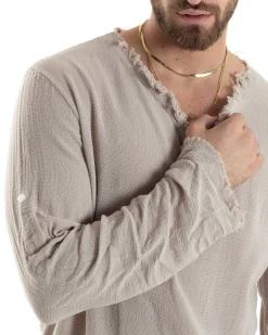 Camicia Uomo Casacca Cotone Lino Scollo V Sfrangiata Regular Fit Beige GIOSAL-C2848A