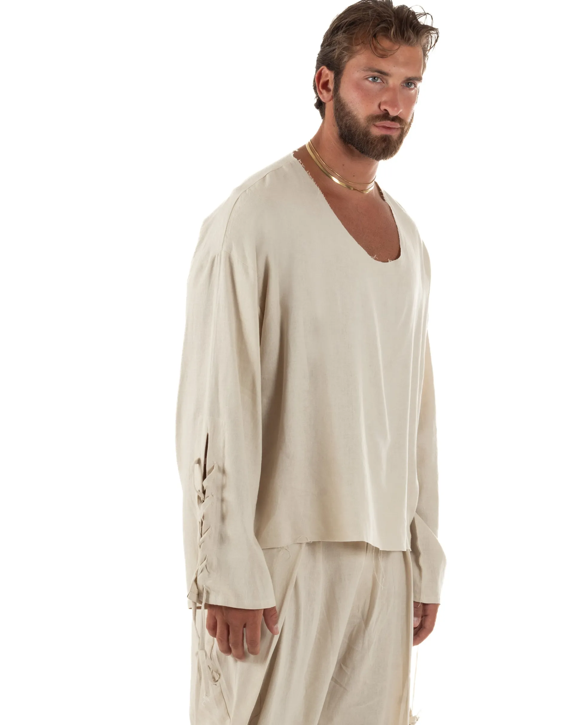 Camicia uomo casacca girocollo crop lino over fit taglio vivo beige GIOSAL-C3099A