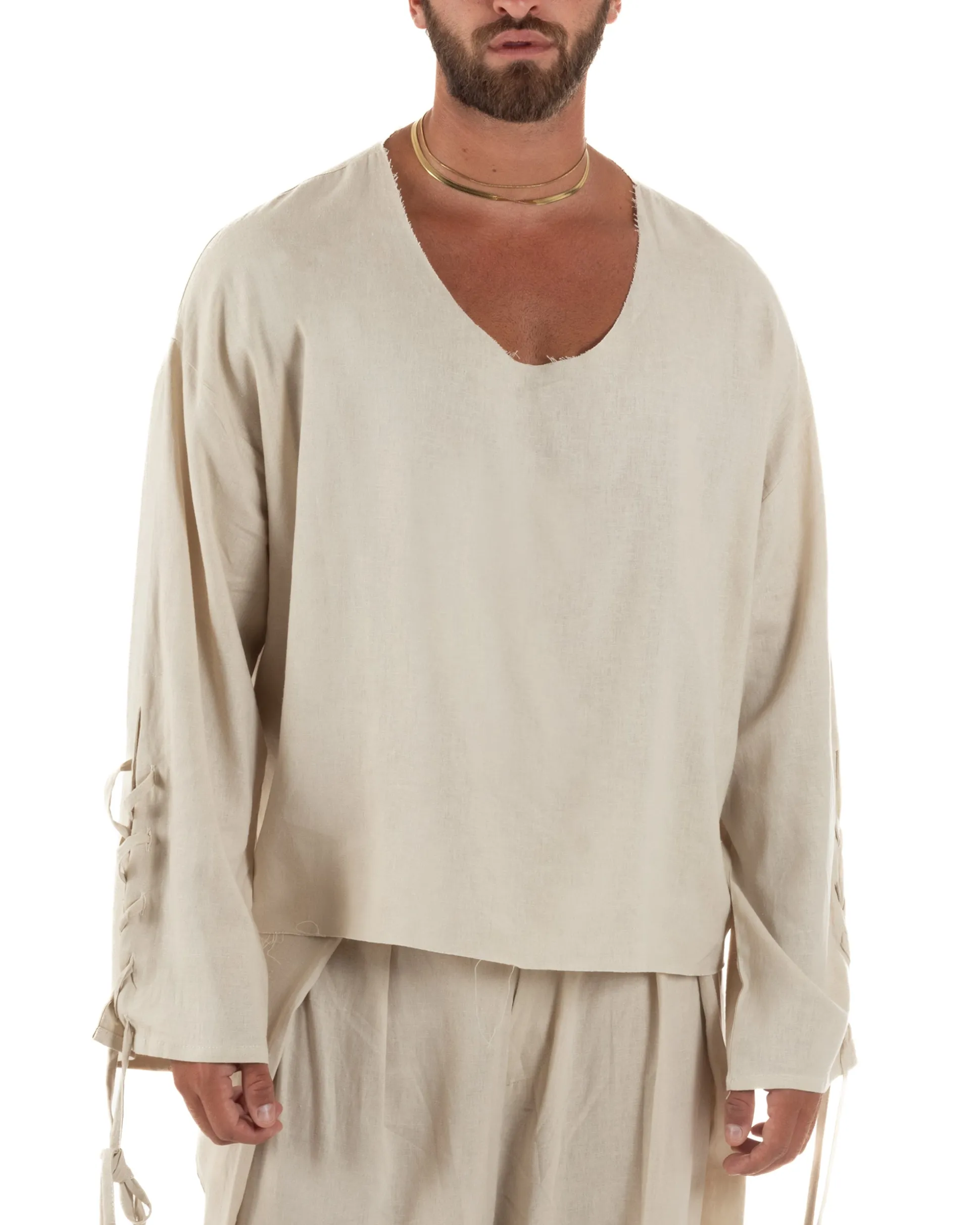 Camicia uomo casacca girocollo crop lino over fit taglio vivo beige GIOSAL-C3099A