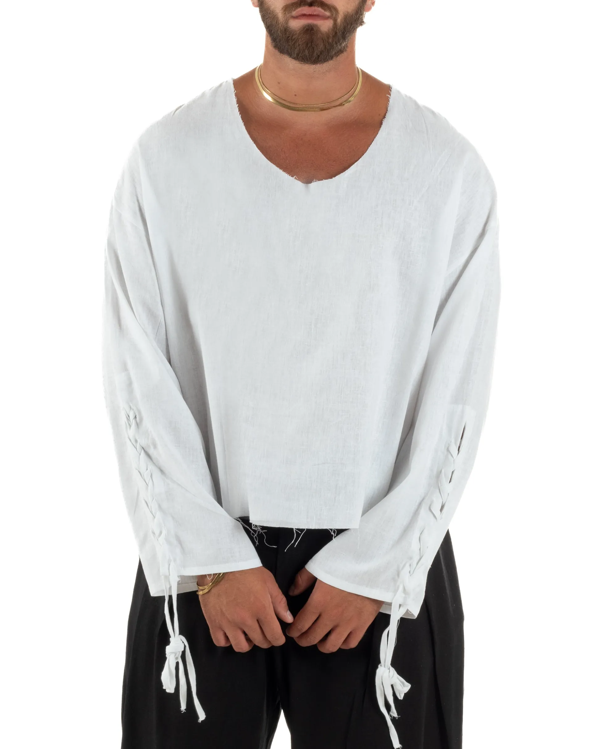 Camicia uomo casacca girocollo crop lino over fit taglio vivo bianco GIOSAL-C3098A