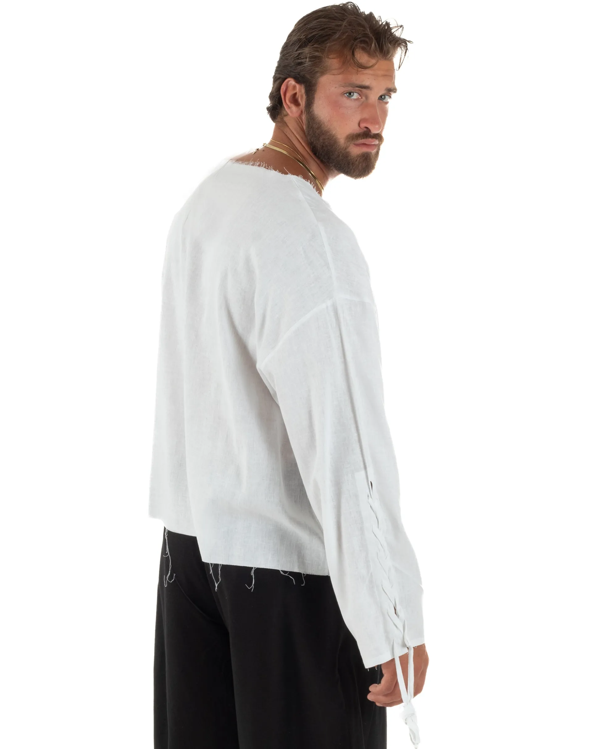 Camicia uomo casacca girocollo crop lino over fit taglio vivo bianco GIOSAL-C3098A