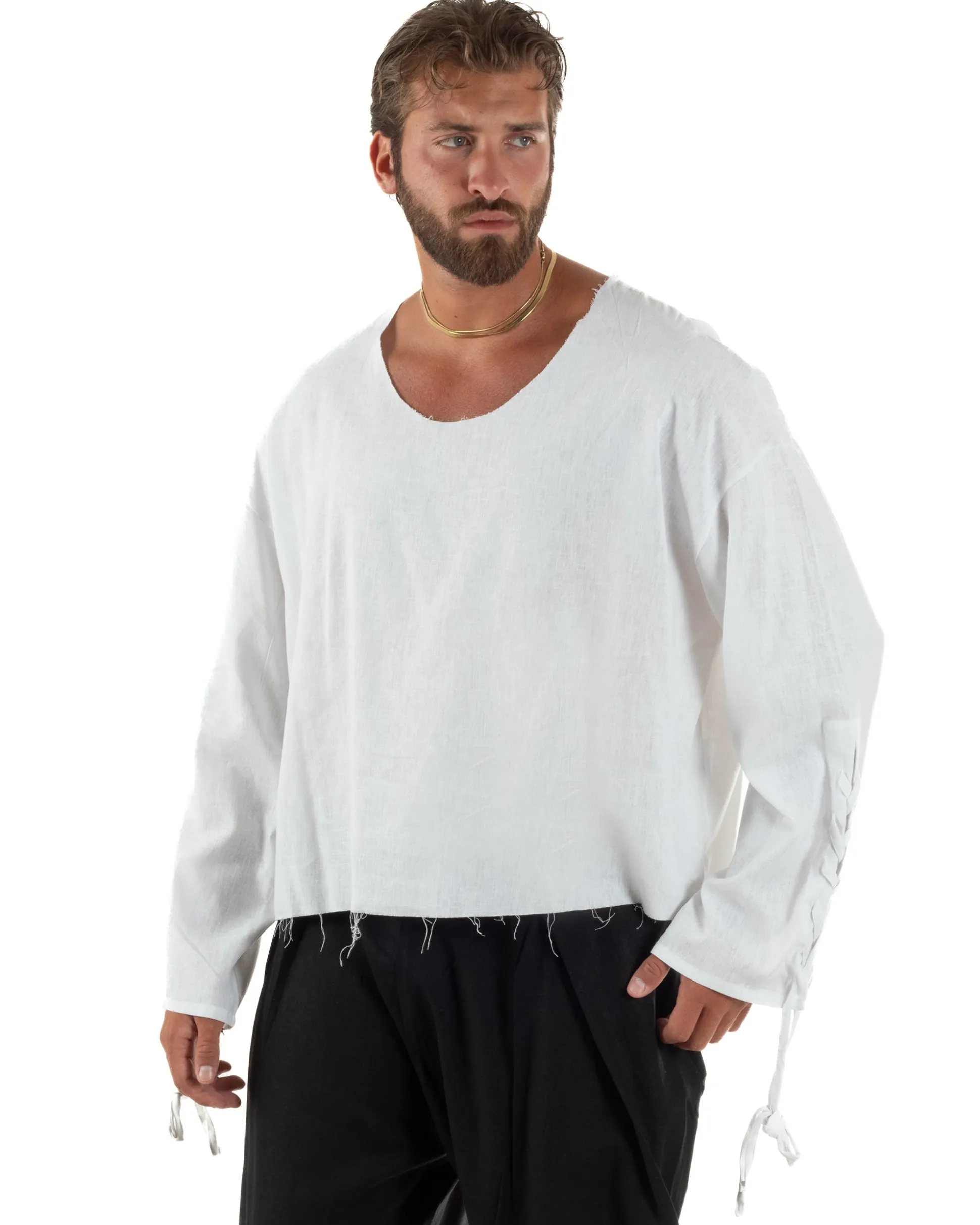 Camicia uomo casacca girocollo crop lino over fit taglio vivo bianco GIOSAL-C3098A