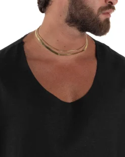 Camicia uomo casacca girocollo crop lino over fit taglio vivo nero GIOSAL-C3097A