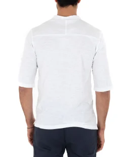 Camicia Uomo Casacca Morbida Serafino Bottoni Manica 3/4 Cotone Tinta Unita Bianco GIOSAL-C2339A