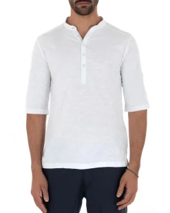 Camicia Uomo Casacca Morbida Serafino Bottoni Manica 3/4 Cotone Tinta Unita Bianco GIOSAL-C2339A
